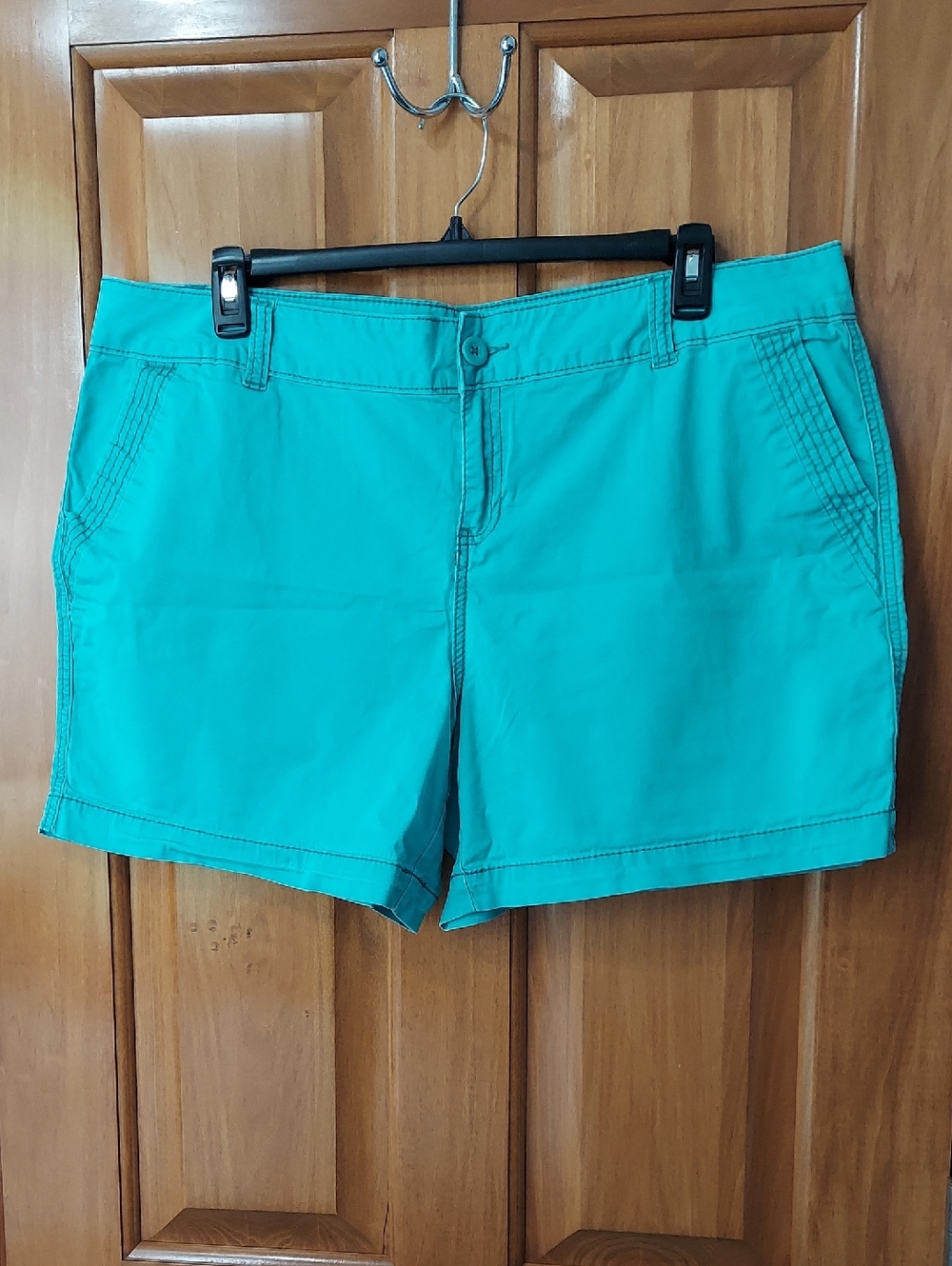 Maurices High Waist Distressed Aqua Green Stretchy Shorts with Pockets, Size 20